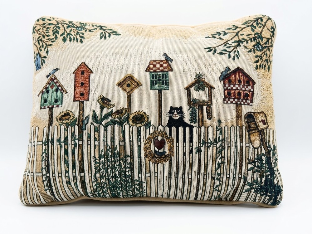 Vintage Tapestry Birdhouse & Black Cat Cottagecore Woven Decorative Throw Pillow